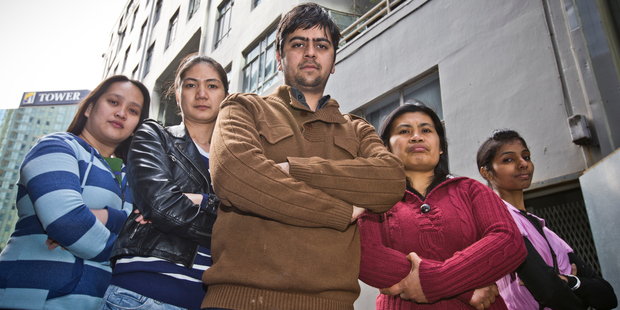Sharry Ocampo, Gretchen Betita, Pankaj Kumar, Joilaly Basilio and Rajwant Kaur say they have been exploited. Photo / Greg Bowker