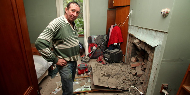 Doug Avery in his damaged bedroom, at Grassmere, near Seddon. Photo / Tim Cuff