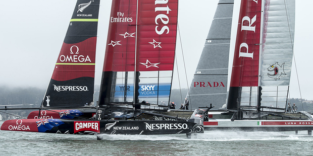 Team NZ and Luna Rossa in action during the Louis Vuitton Cup series. Photo / ETNZ