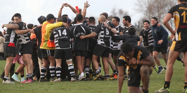 Pikiao Warriors celebrate their win over Taupo Phoenix at Puketawhero Park. Photo / Stephen Parker