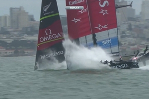 Team NZ's AC72 catamaran nosedives during yesterday's dramatic bear-away manoeuvre-gone-wrong in which two crew members were washed overboard and some structural damage caused. Photo / ACE