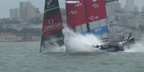 Team NZ's AC72 catamaran nosedives during yesterday's dramatic bear-away manoeuvre-gone-wrong in which two crew members were washed overboard and some structural damage caused. Photo / ACE
