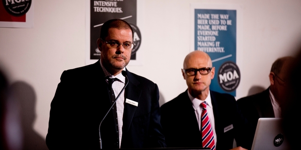 Grant Baker (left) and Geoff Ross from Moa face hard questions at the firm's annual meeting. Photo / Dean Purcell
