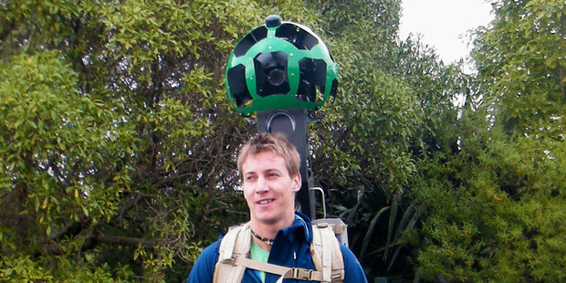 Matt Jenke carries the Google Trekker camera as it debuts in New Zealand. Photo / Project Janszoon