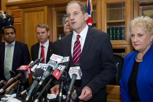 David Shearer, with Labour MPs (from left) Kris Faafoi, Chris Hipkins, Shane Jones and Annette King, makes his announcement that he is quitting as party leader. Photo / Mark Mitchell