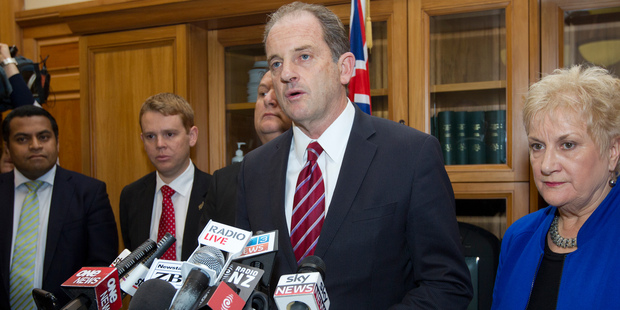 David Shearer, with Labour MPs (from left) Kris Faafoi, Chris Hipkins, Shane Jones and Annette King, makes his announcement that he is quitting as party leader. Photo / Mark Mitchell