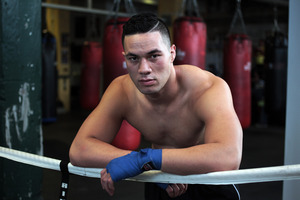 Joseph Parker takes a break while working out in Auckland. Photo / Doug Sherring
