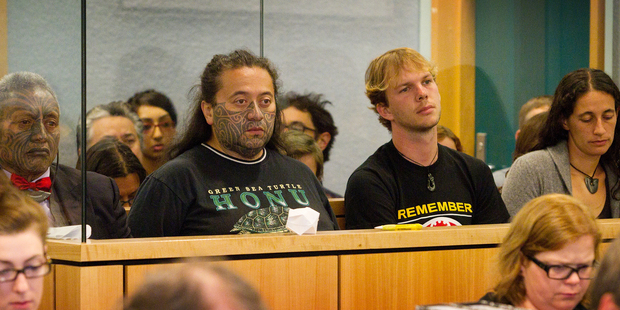 The 'Urewera 4' - Tama Iti, Te Rangikaiwhira, Urs Signer and Emily Felicity Bailey - in the High Court in Auckland.