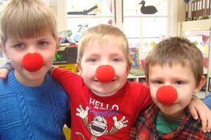 Weston Playcentre pupils Reuben Francis, Jack Hacquoil and Donny Houghton put on their Red Nose's in support of the appeal that raises money for Cure Kids. Photo / Jessie Waite