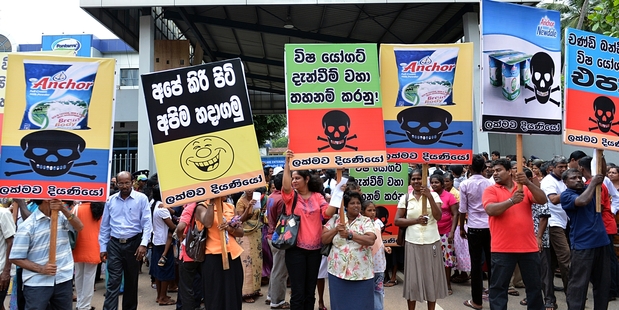 Activists demonstrate in front of the Fonterra dairy factory in the Colombo suburb of Biyagama. Photo / AFP