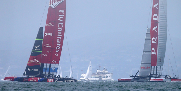 Emirates Team NZ in action against Team Luna Rossa Challenge. Photo / Getty Images