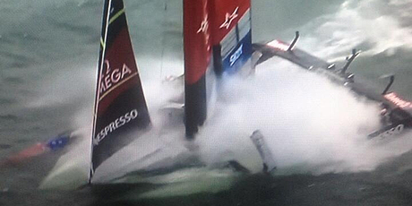 Team NZ go underwater during Race 1 of the Louis Vuitton Cup final.