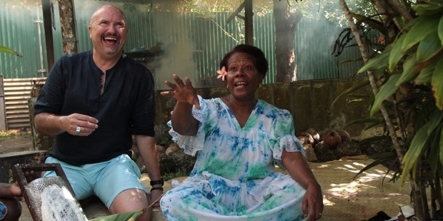 Robert Oliver and Votausi Reur MacKenzie make laplap in the Vanuatu episode of the Real Pasifik series. Photo / Zoomslide Productions