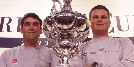Russell Coutts and Dean Barker before NZ's loss to Alinghi in Auckland in 2003. Photo / Glenn Jeffrey