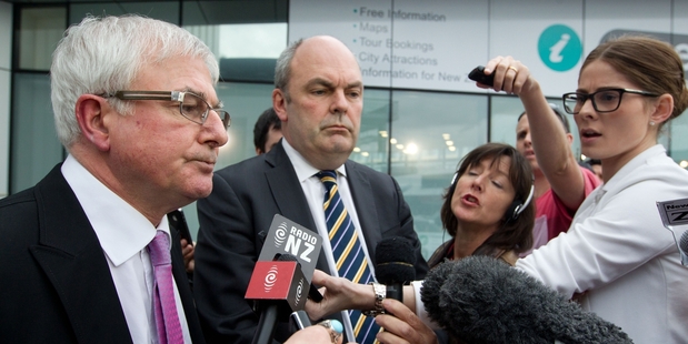 Cabinet ministers Tim Groser and Steven Joyce appeared grim-faced before the media, fearing the worst. Photo / Richard Robinson