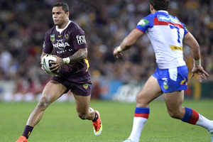 osh Hoffman of the Broncos looks to take on the defence during the round 25 NRL match between the Brisbane Broncos and the Newcastle Knights. Photo / Getty Images.