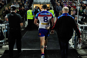 Kade Snowden of the Knights walks from the field after being sent off during the round 24 NRL match between the North Queensland Cowboys and the Newcastle Knights. Photo / Getty Images.
