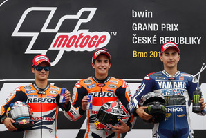 Current Honda MotoGP riders Marc Marquez (center) and Dani Pedrosa(left). Photo / AP