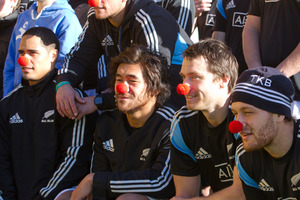 All Blacks, from left, Aaron Smith, Steven Luatua, Ben Smith and Tawera Kerr-Barlow don red noses in support of child cancer sufferers.