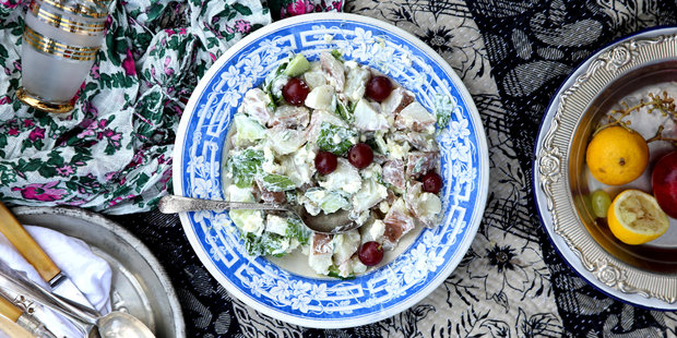 Potato salad with grapes and mint yoghurt dressing. Photo / Eleanor Ozich