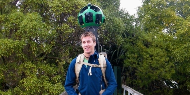 Matt Jenke with a Google camera mounted on his back.