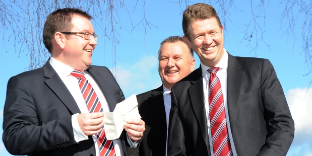 Grant Robertson, Shane Jones and David Cunliffe in Levin yesterday. Photo / SNPA
