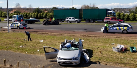The ute was severely damaged after being hit by the getaway vehicle. Photo / Richard Robinson