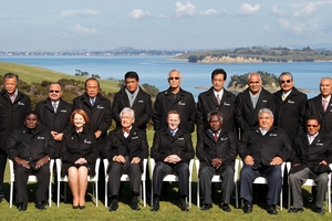 The line-up of (mostly) male leaders at the last forum in Auckland in 2011 - and not much has changed, especially for Pacific women. Photo / Greg Bowker