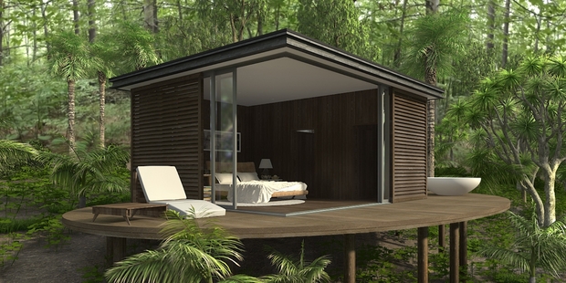 The Coolhouse is a 24sq m one-bedroom crib-style retreat, with a bathroom and kitchen. Heating uses passive gain. Artists impression.