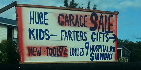 Mike Collins of Dargaville spotted this sign on Saturday in Te Kopuru. "Not sure if I'm more worried about the huge kids or the type of gifts," he says.