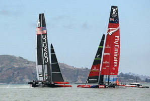 Emirates Team New Zealand sails past Oracle Team USA. Photo / Getty Images