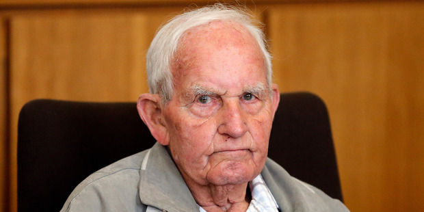 Siert Bruins, 92-year-old former member of the Nazi Waffen SS, sits in the courtroom of the court in Hagen, Germany. Photo / AP