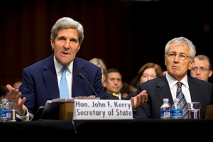 US Secretary of State John Kerry, left, with Defense Secretary Chuck Hagel put the case for military intervention in Syria. Photo / AP