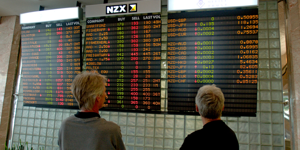 The NZ Stock Exchange display board in the foyer of Quay Towers in central Auckland. Photo / Kenny Rodger