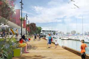 An artist's impression of the Westhaven Marine Centre and promenade; the design is derived from Auckland's historic boatsheds and wharf buildings.