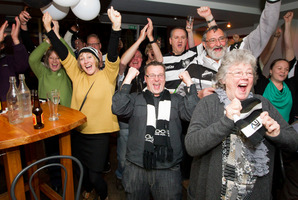 Hawke's Bay Rugby Union supporters, staff and sponsors celebrate at the Gin Trap after the magpies win the Ranfurly Shield in Otago on Sunday evening. Reporter Photo / Glenn Taylor