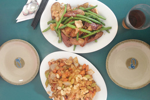 Hot and spicy chicken with peanuts and stir-fry beans with eggplant.Photo / Nicky Park