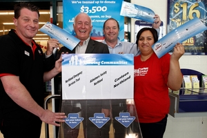 HAPPY: New World Regent store owner Todd Leathem (left), John Bain from Northland Emergency Services Trust, Kevin Salmon from Alzheimers Northland and Ione Tewake from Canteen Northland. PHOTO/JOHN STONE