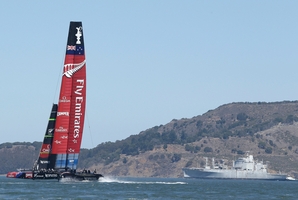 SHOWDOWN: Emirates Team New Zealand will race tomorrow, already two races ahead before the 34th America's Cup begins. Photo / AP