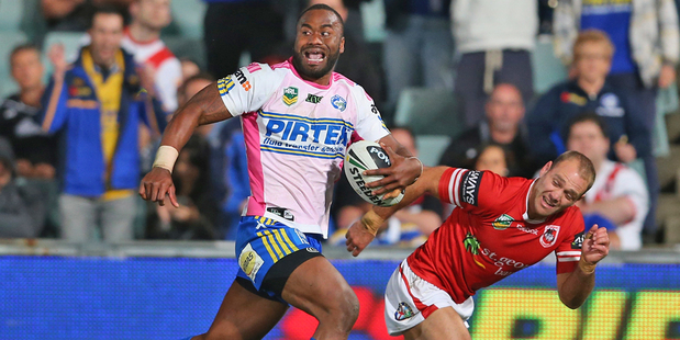 Semi Radradra of the Dragons breaks away to score a try. Photo / Getty Images