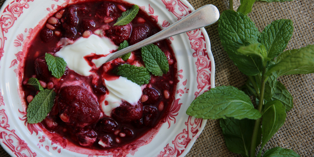 Strawberries roasted in honey and red wine vinegar with mint and yoghurt. Photo / Eleanor Ozich