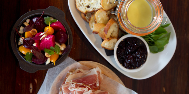 Antipasto plates of duck liver pate, prosciutto and beetroot at Molten. Photo / Natalie Slade