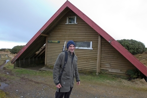 Hunter Kane Hitchman from Feilding, pictured at A Frame Hut in the Ruahine Range. The shelter has been vandalised and the water tank stolen. Photo / Glenn Taylor