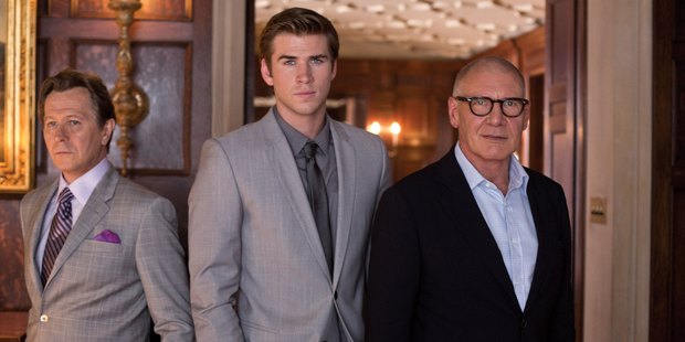 Liam Hemsworth, centre, gets caught in a powerplay between Gary Oldman and Harrison Ford in Paranoia.