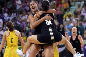 Maria Tutaia and Temepara George celebrate winning gold at the 2010 Delhi Commonwealth Games. Photo / Getty Images