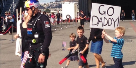 Oracle skipper Jimmy Spithill with his (small) dedicated team of supporters.