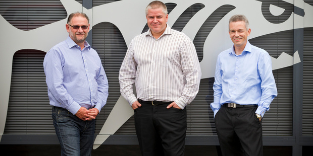 Mako Networks chief executive Bill Farmer (L), co-founder and vice president Chris Massam (c) and co-founder and president Simon Gamble.