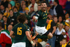 Willie Le Roux of the Springboks celebrates scoring a try. Photo / Getty Images