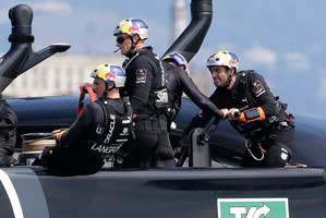 Wing trimmer Kyle Langford, skipper Jimmy Spithill and tactician Ben Ainslie, who replaced John Kostecki, on Oracle. Photo / AP
