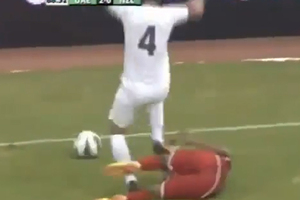 All Whites defender Ben Sigmund has issued a public apology for his ugly two-footed stomp on United Arab Emirates player Ali Mabkhout. Photo / Youtube.